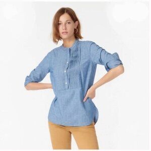 J. Crew Women's Blue Chambray Collarless Tuxedo Popover Shirt/Top Size Medium
